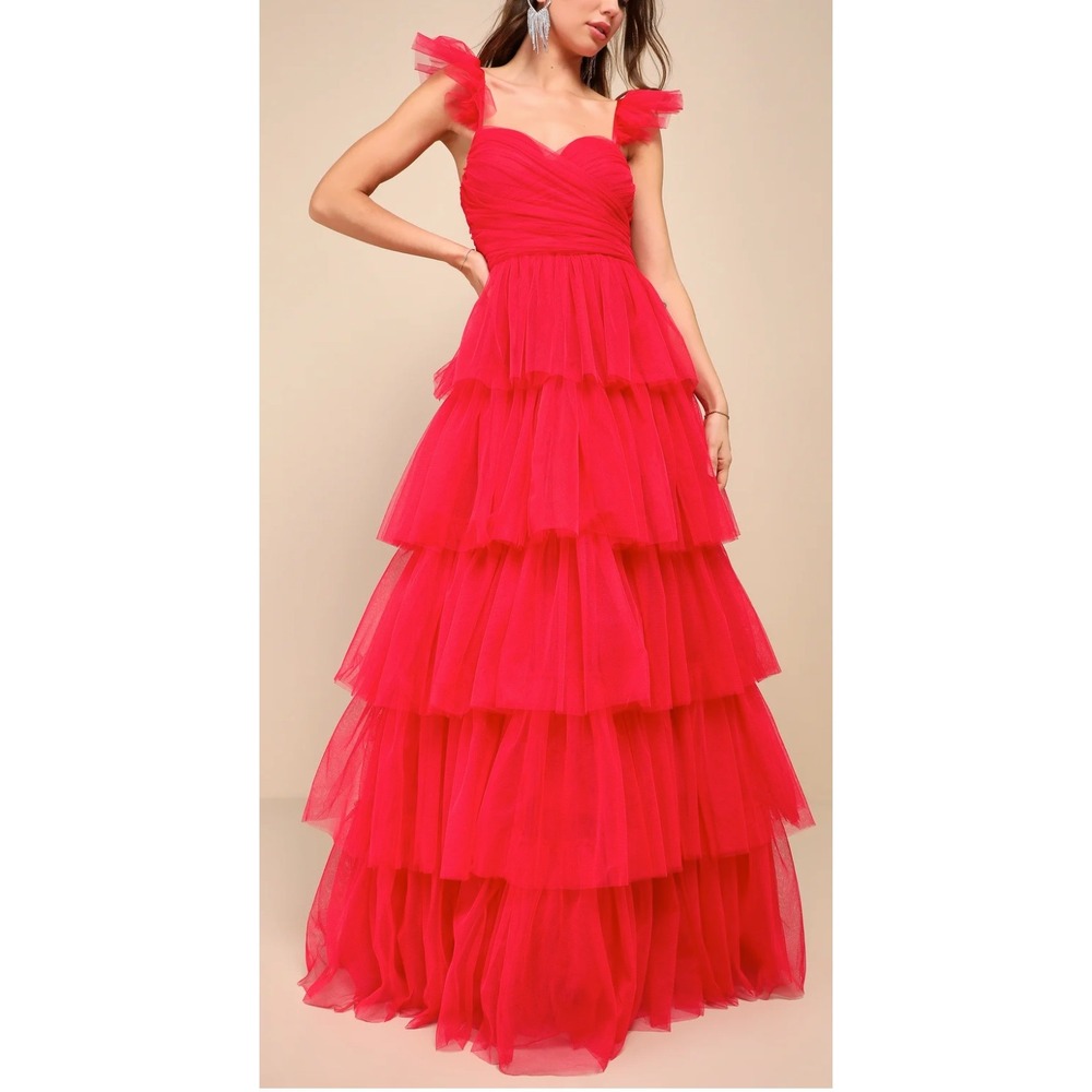NWT Lulus Fabulous Poise Bright Red Tulle Ruffled Tiered Maxi Dress Sz M